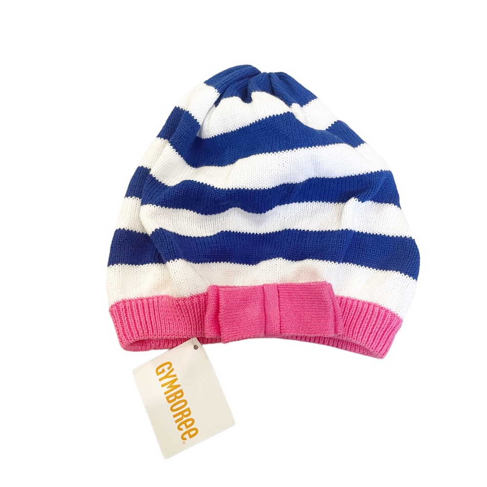 NWT Gymboree Beret Blue and Pink Striped with Bow Warm Winter Hat Size S